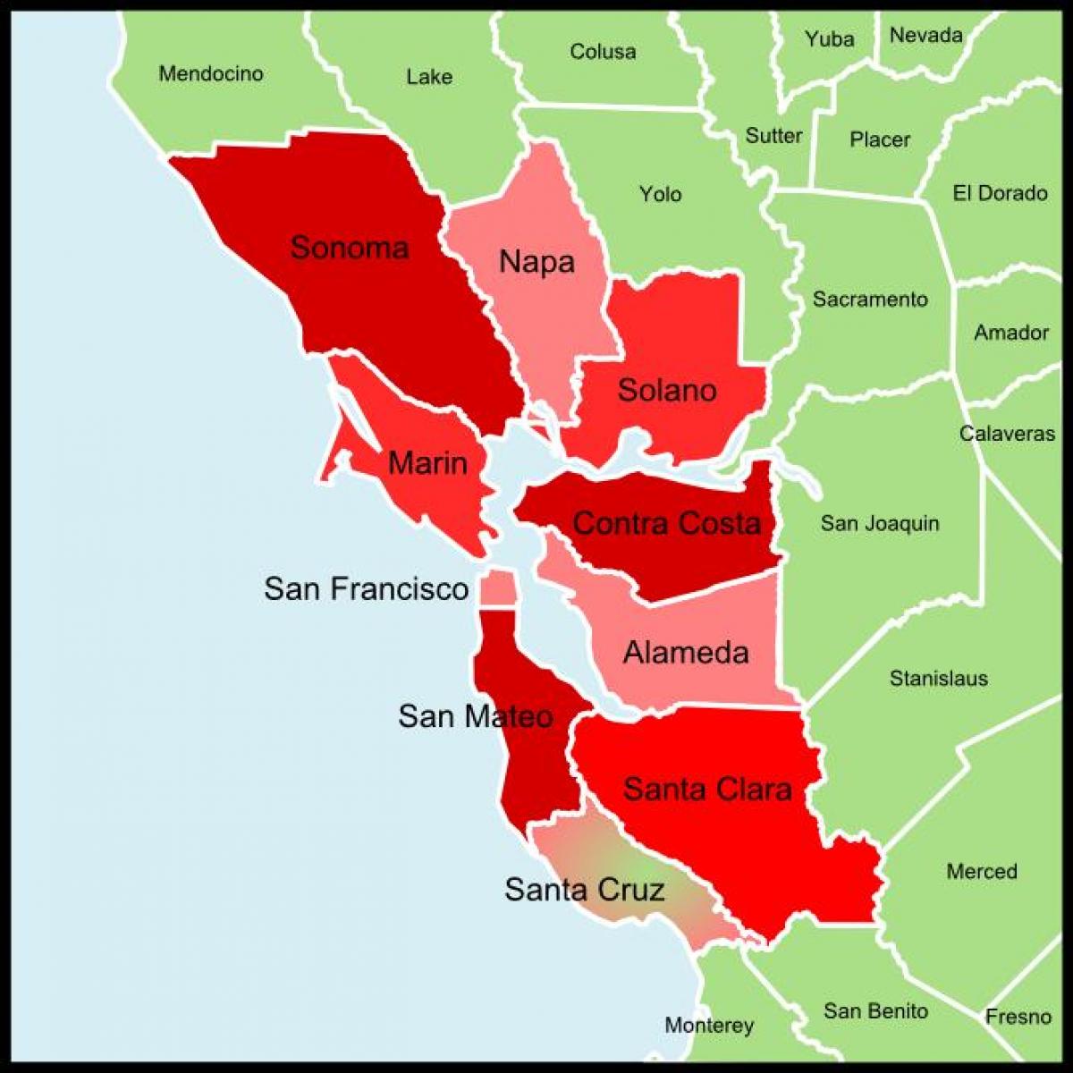 San Francisco bay area läänin kartta