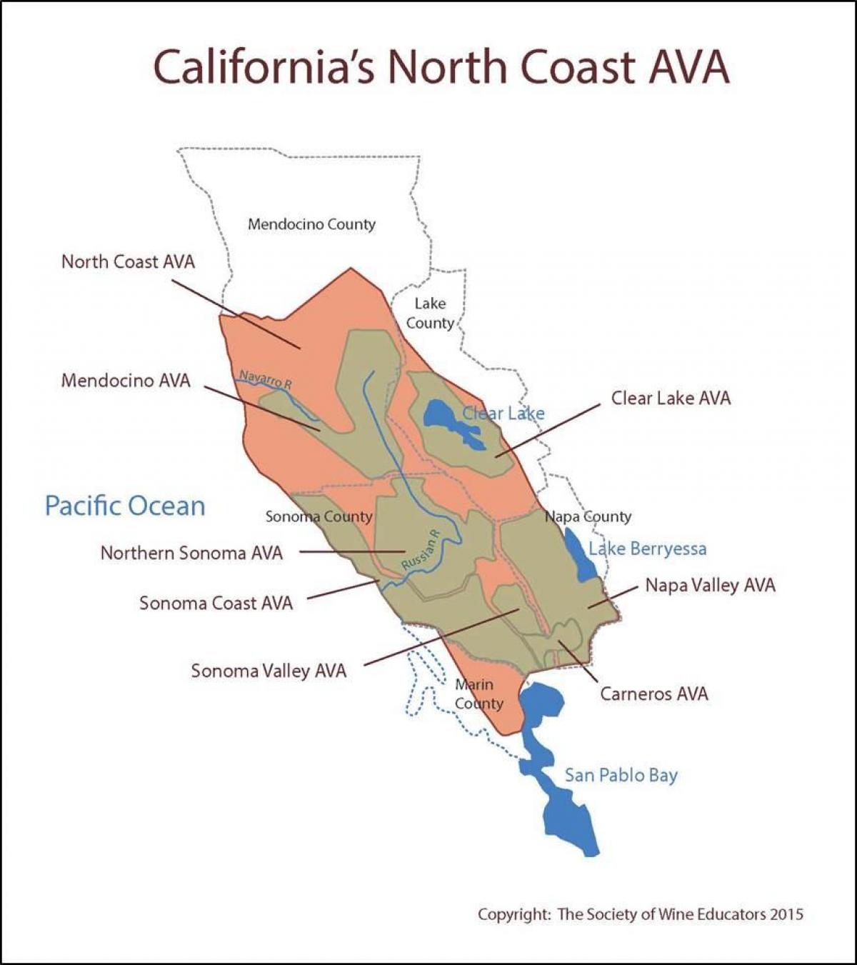 Kartta kalifornian rannikolla pohjoiseen San Francisco