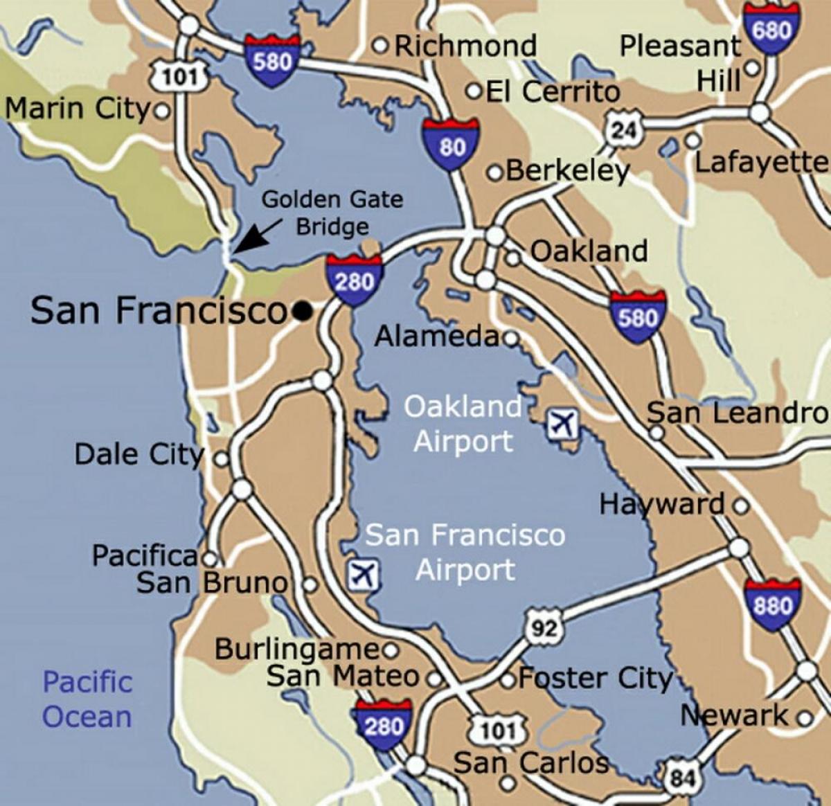 Kartta San Francisco airport ja ympäröivän alueen
