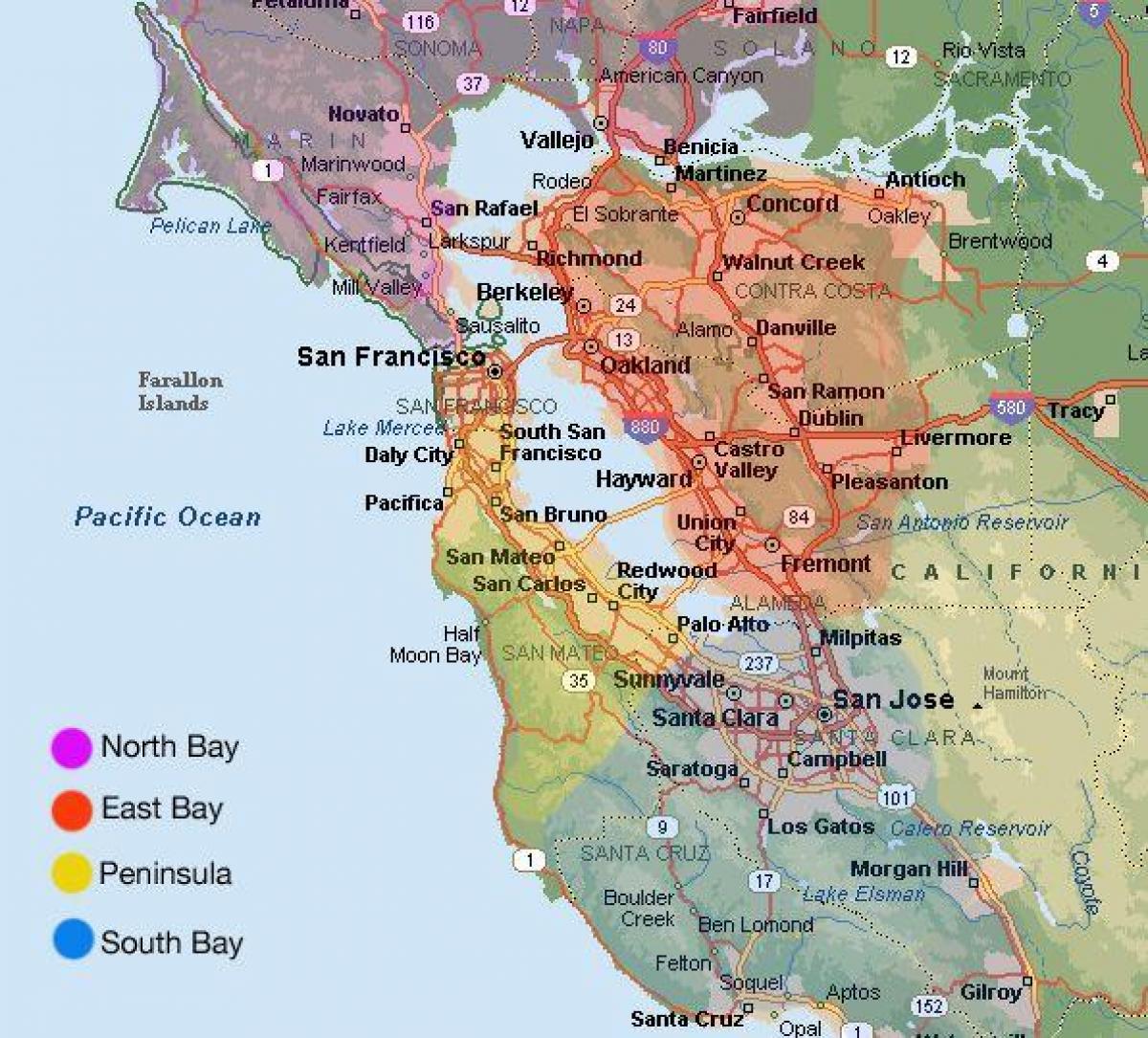 Kartta San Francisco ja ympäröivää aluetta - San Francisco alueen kartta ja  ympäröivän alueen (Kalifornia, USA)