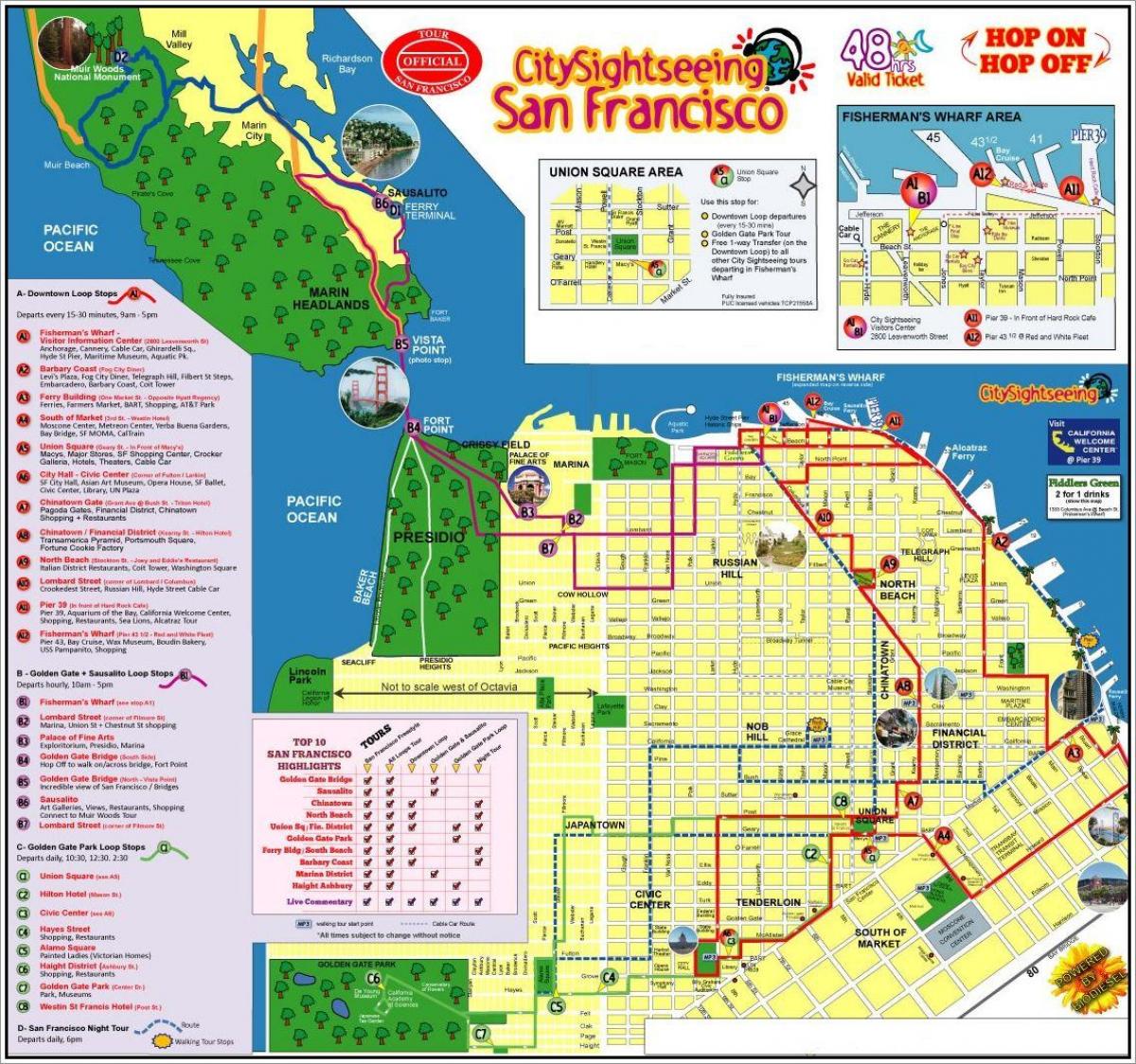 kaupungin nähtävyydet San Francisco kiertue kartta