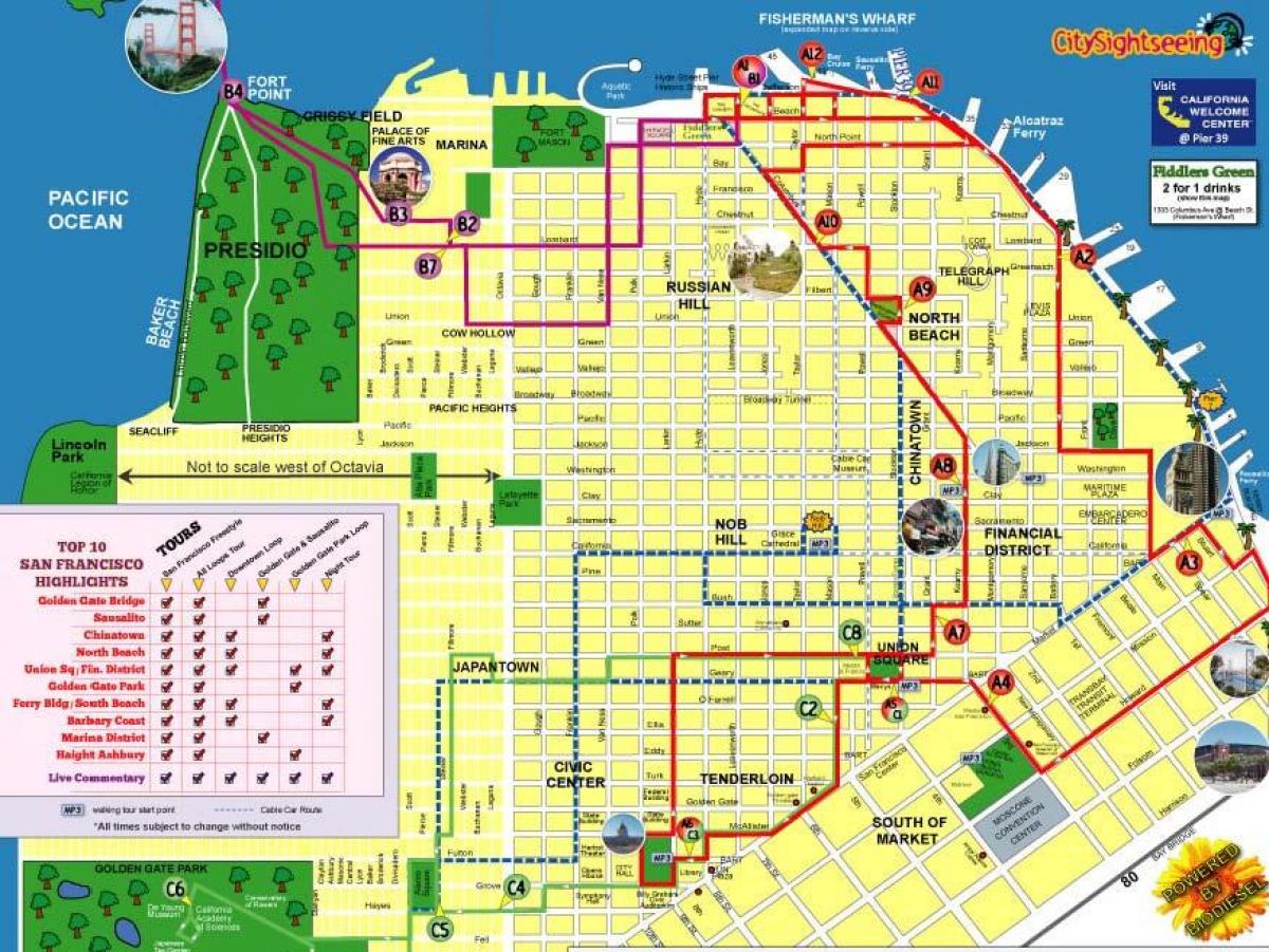 Kartta kaupungin nähtävyydet San Francisco reitti