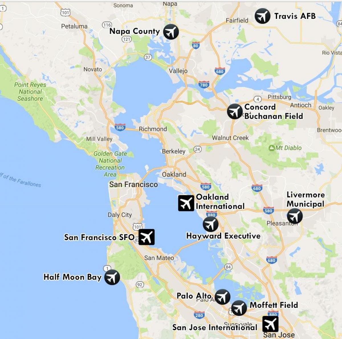 lentokentät lähellä kohdetta: San Francisco kartta