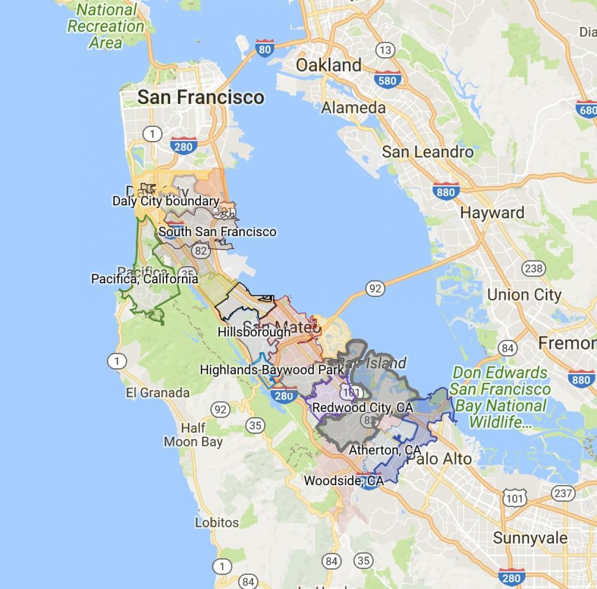 Kartta San Franciscon kaupungin rajojen